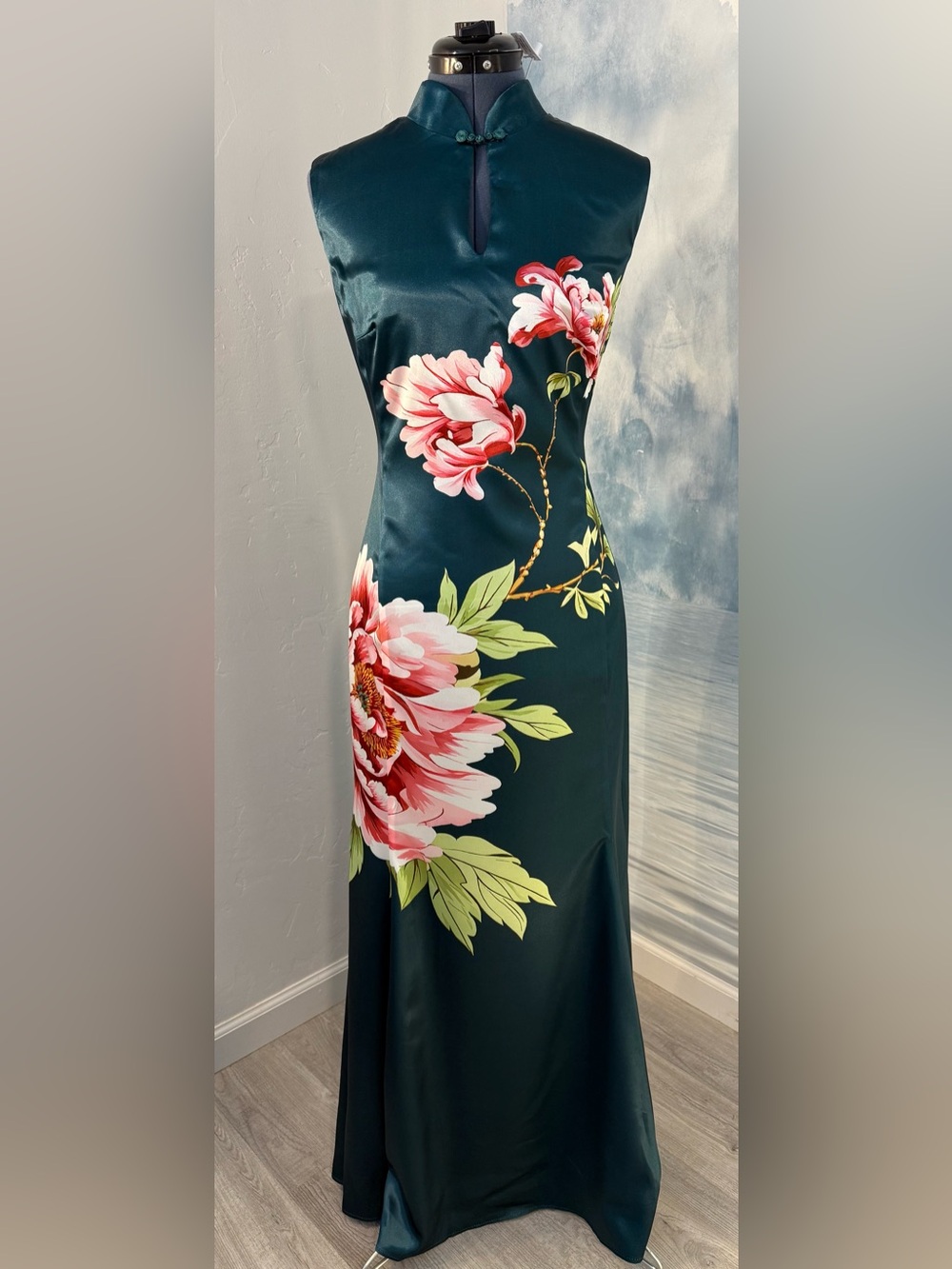 Strapless Emerald Maxi Dress with Pink Floral Print #354
